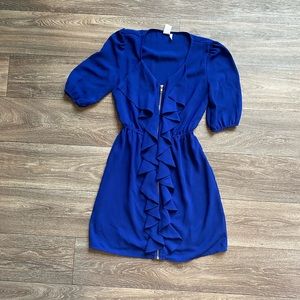 Royal blue zipper front ruffle front dress